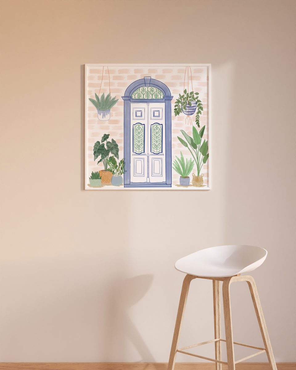 Belgium door art print, framed on a wall