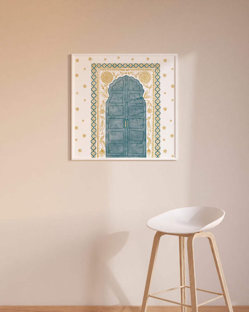 Jaipur door art print, framed on a wall