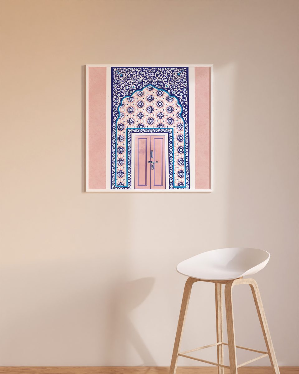 Morocco door art print, framed on a wall