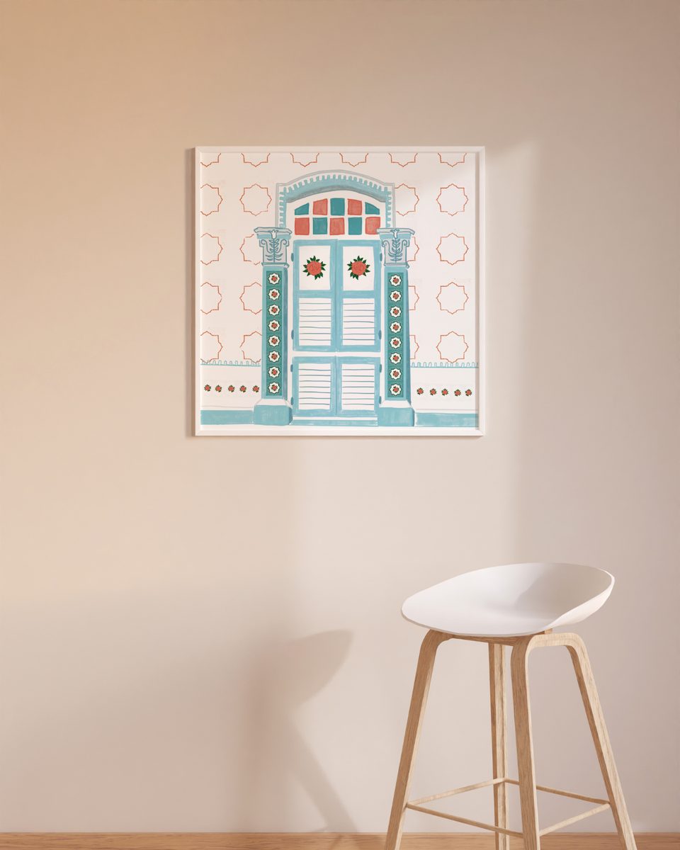 Singapore door art print, framed on a wall