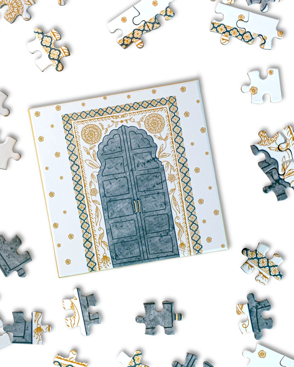 Jaipur door puzzle with scattered pieces