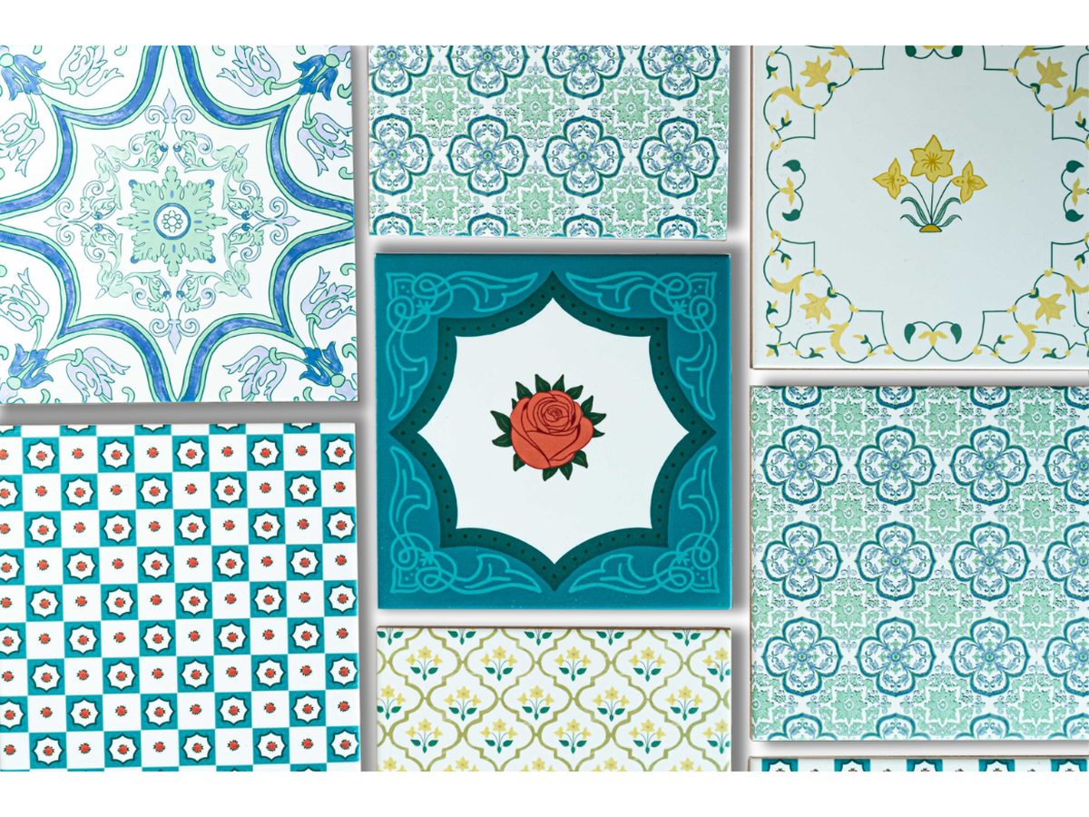 The patterned trivet collection — Bella, Noor and Blue Rose tiles laid out together