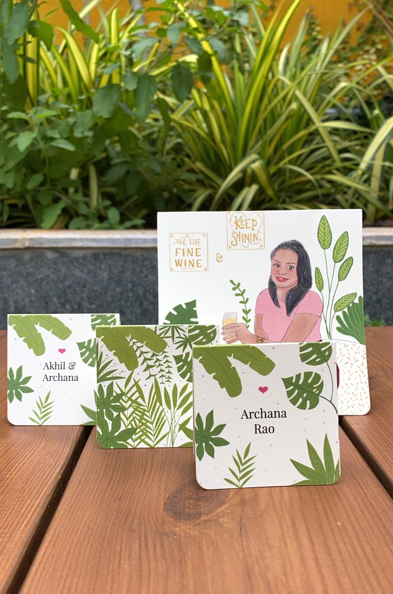 Illustrated cards and coasters from a birthday basket