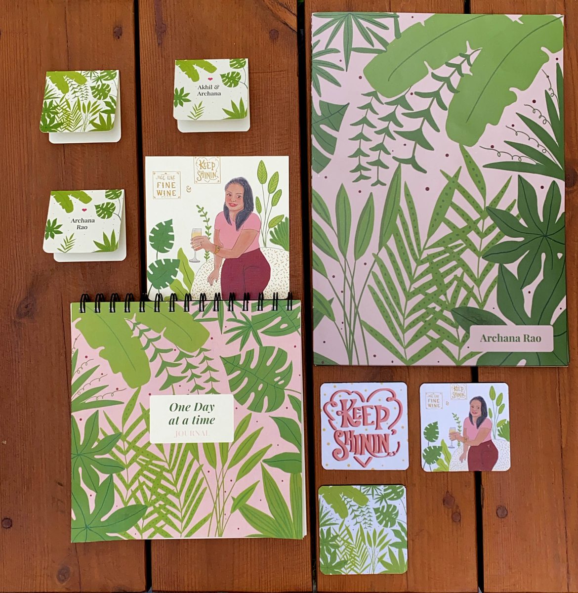 The full basket — notebook, magnets, coasters and cards
