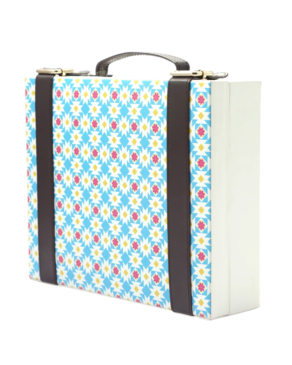 Printed trunk box, blue and red diamond tile print